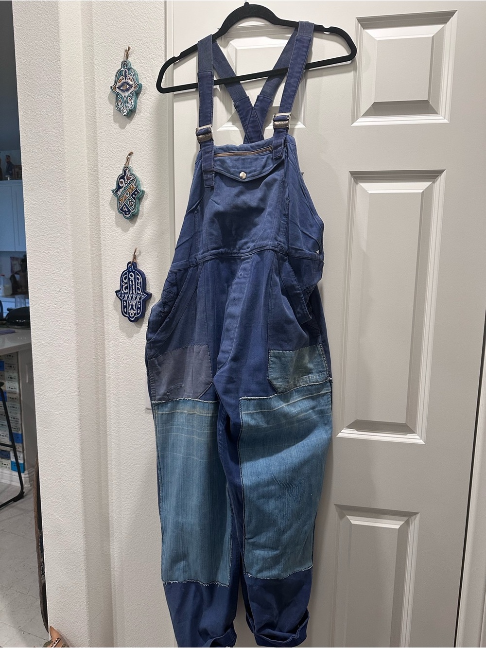 Vintage Blue Patchwork Men's Relaxed Jeans Overalls